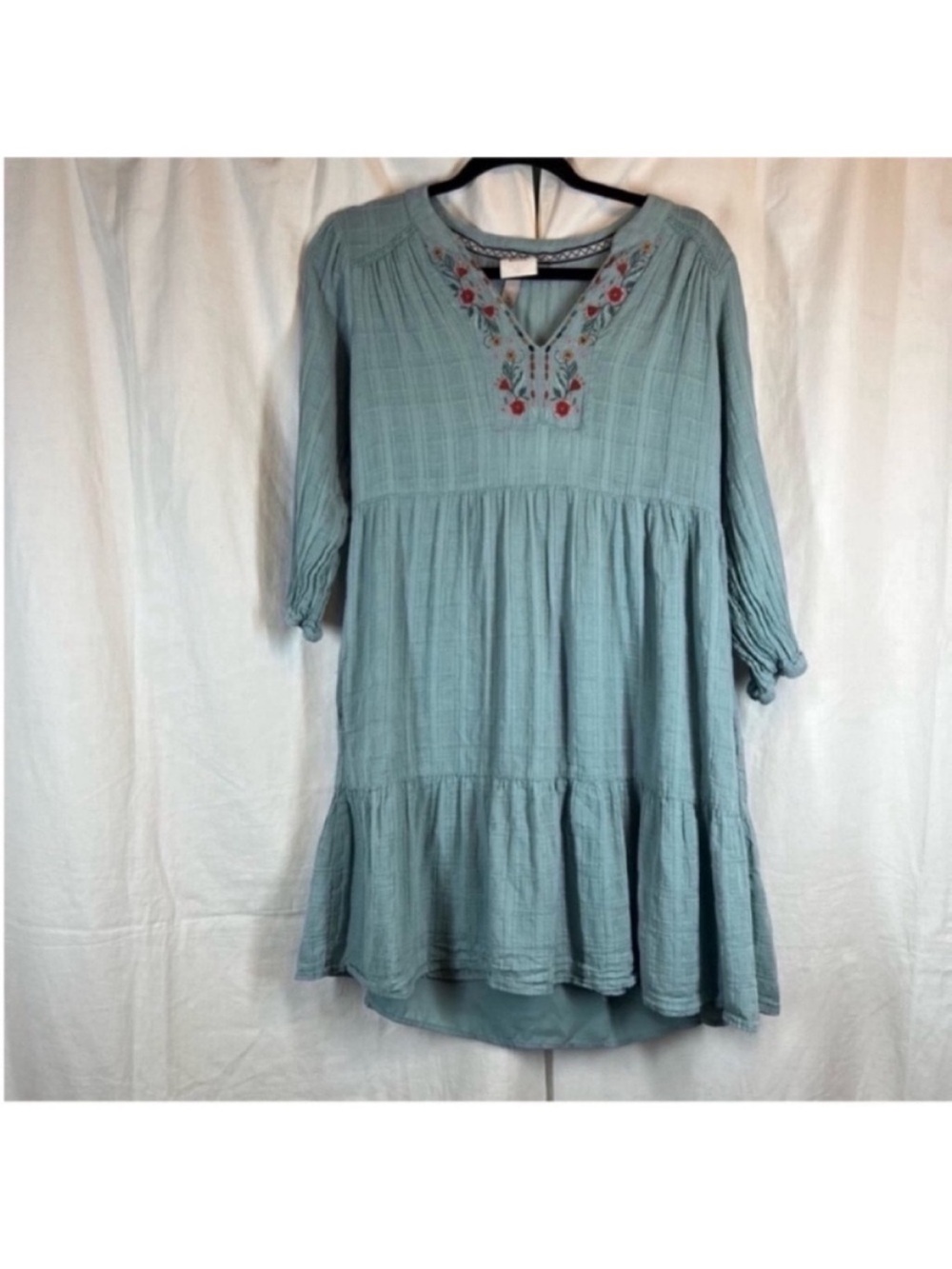 Knox Rose 100% cotton tiered floral embroidered balloon sleeve babydoll dress